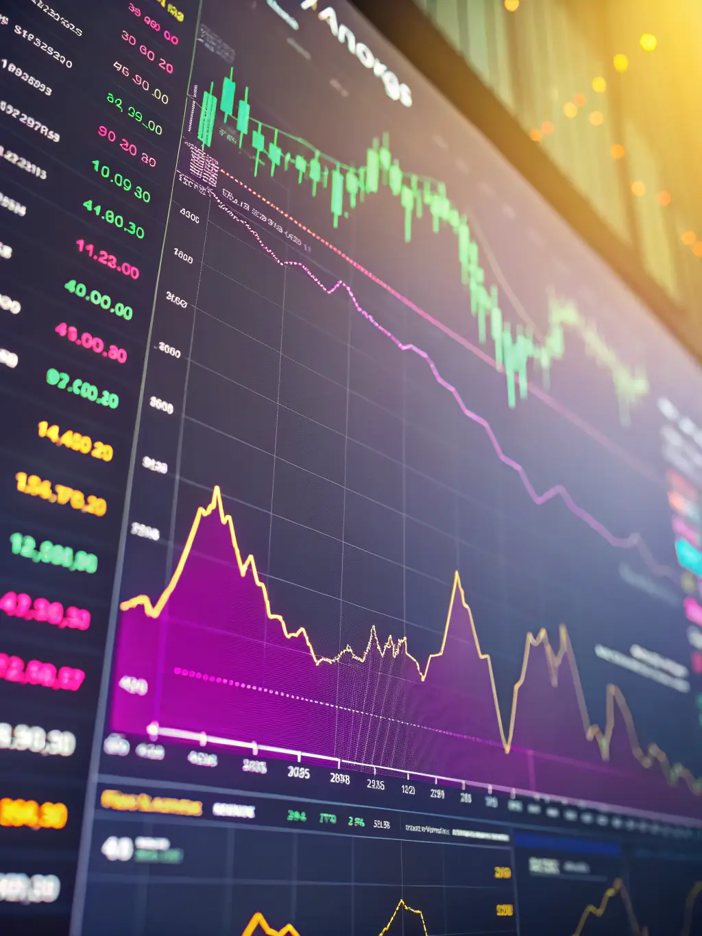 A close-up shot of a digital display showing various cryptocurrency charts and graphs, symbolising in-depth market analysis.