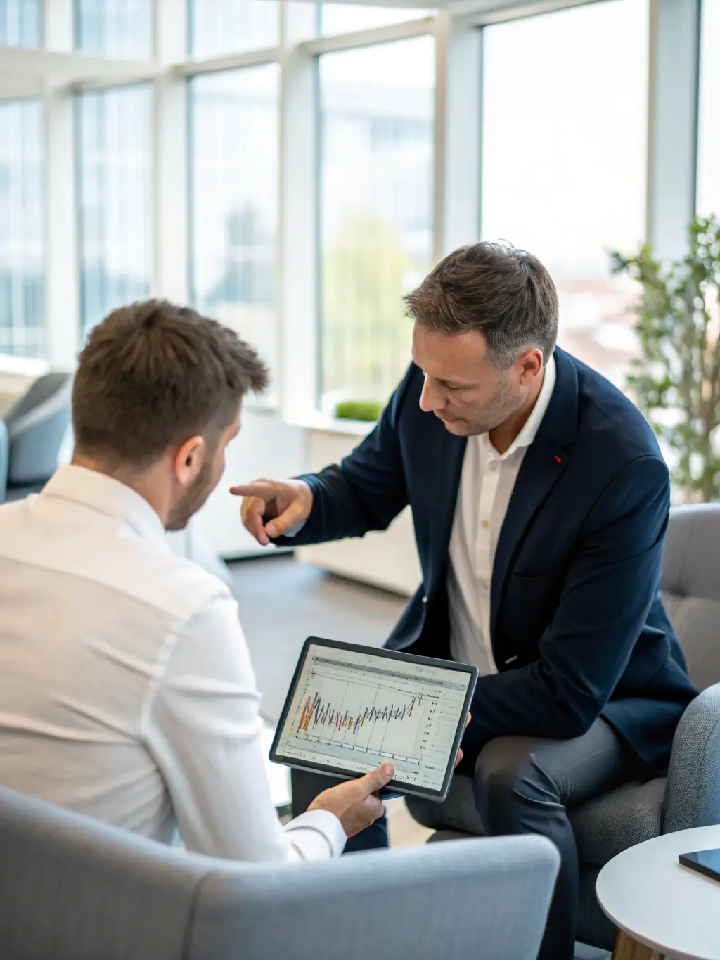A professional financial advisor providing guidance to a client, with cryptocurrency data visible in the background, representing personalised financial planning.