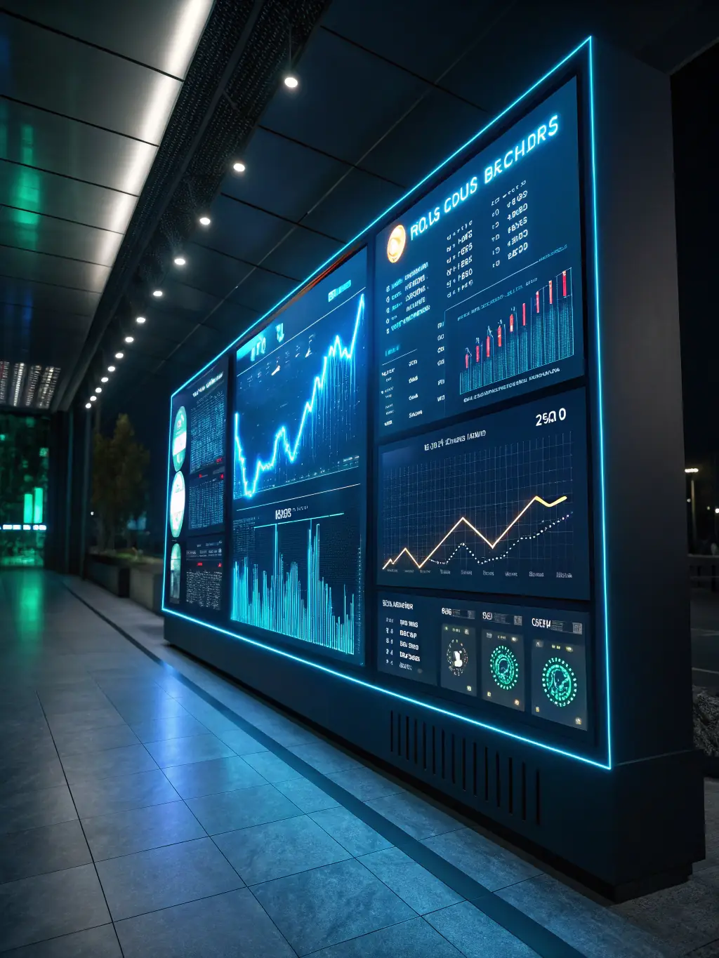 A close-up shot of a digital display showing various cryptocurrency charts and graphs, highlighting market analysis and investment opportunities.