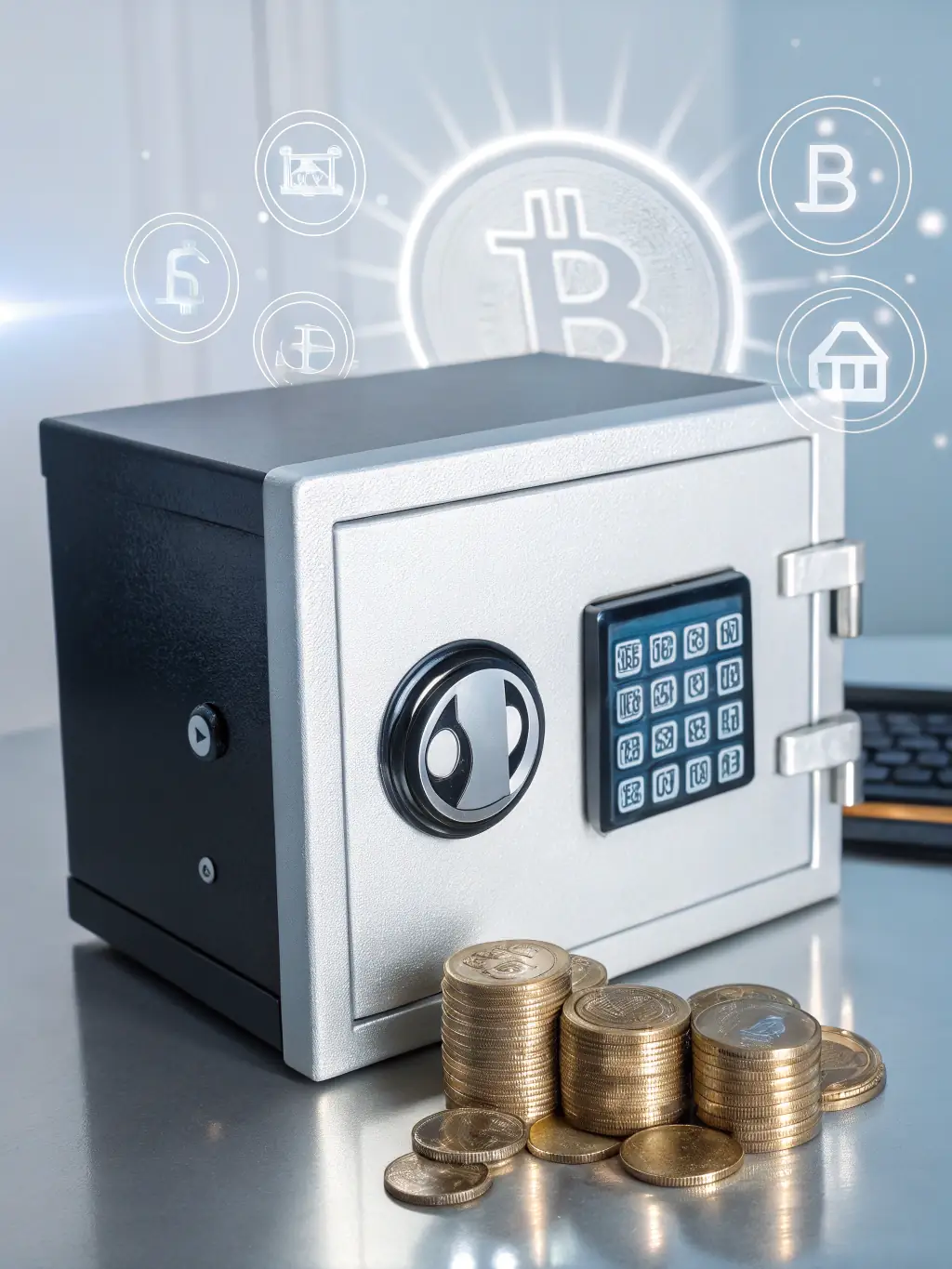 An image of a secure digital vault with various cryptocurrencies inside, symbolising the security and protection of client assets.