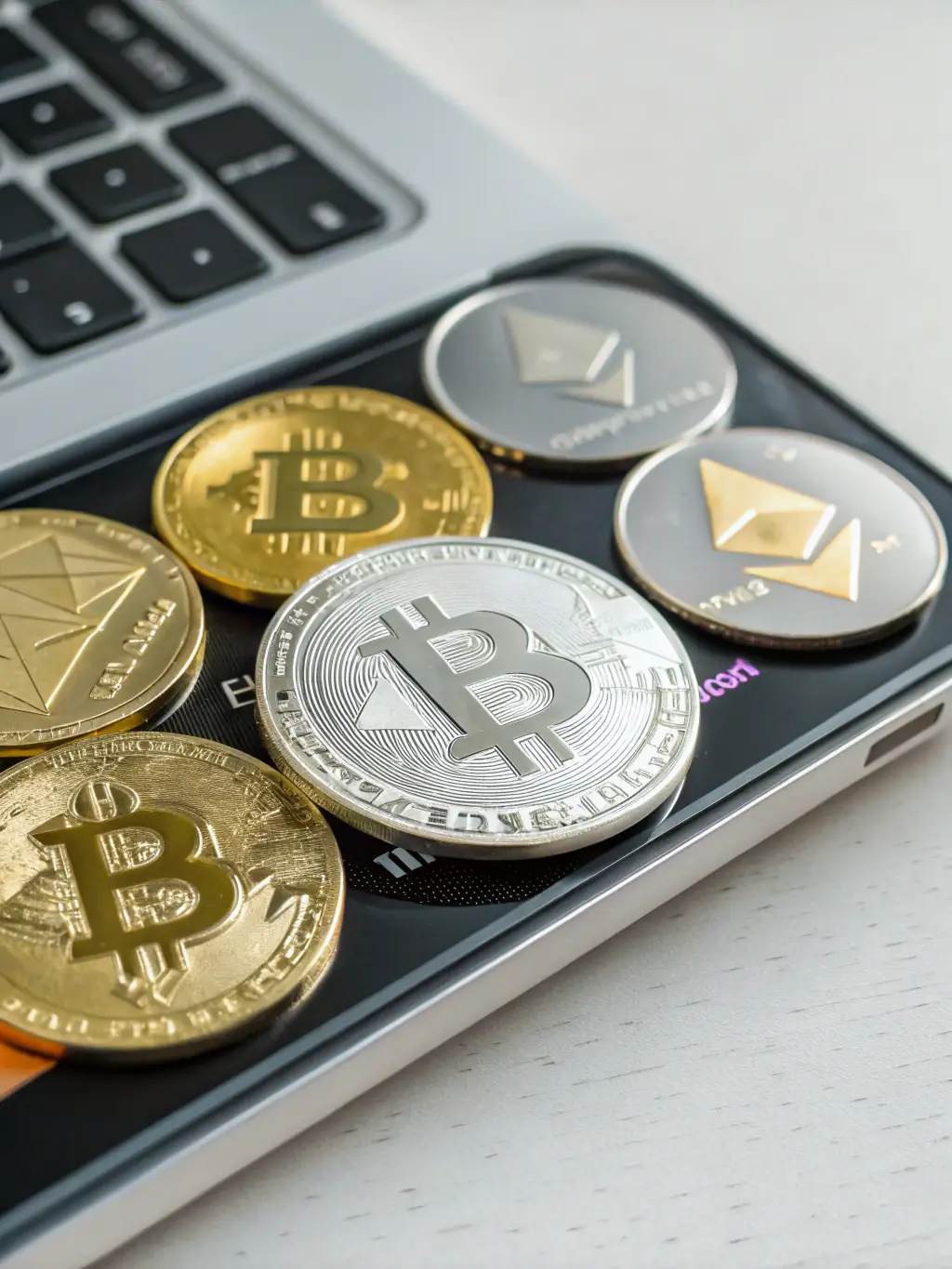 A digital illustration depicting a diversified cryptocurrency portfolio with various coins and tokens, showcasing the concept of asset allocation.