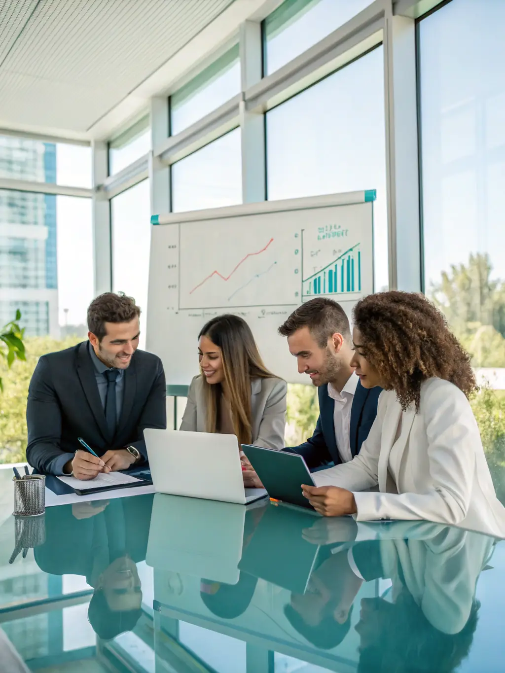 A professional photograph of a diverse group of financial analysts collaborating on cryptocurrency market data analysis in a modern office setting, representing strategic teamwork.