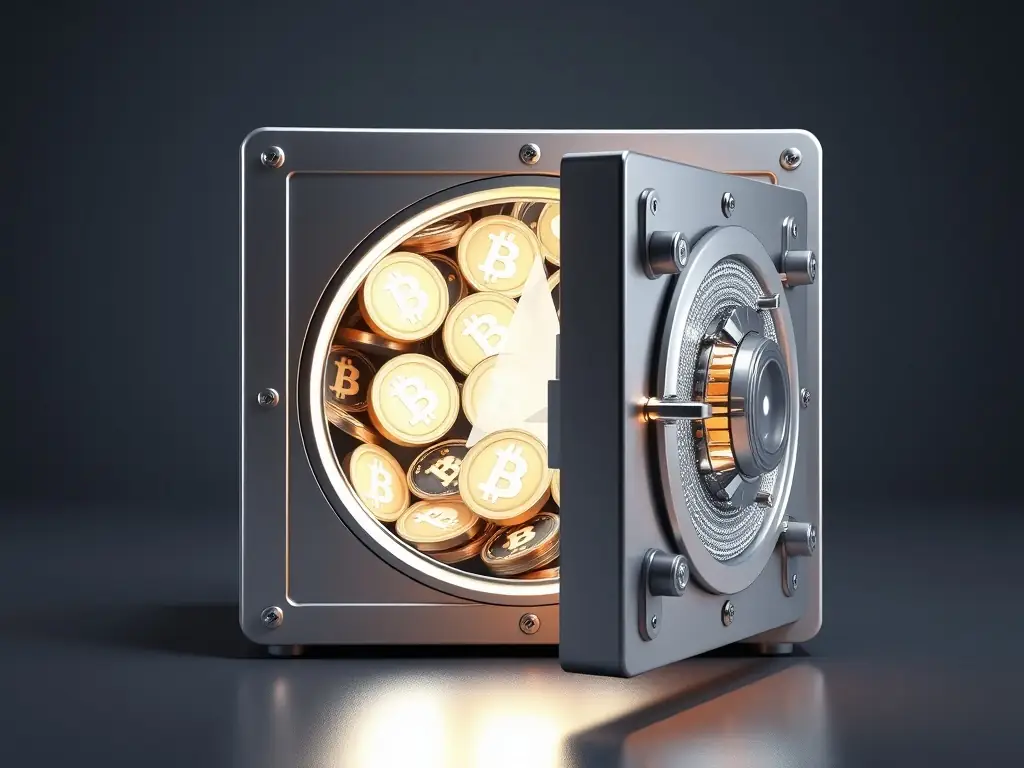 A secure vault filled with digital currency symbols, representing capital management and the safeguarding of assets in the cryptocurrency market.